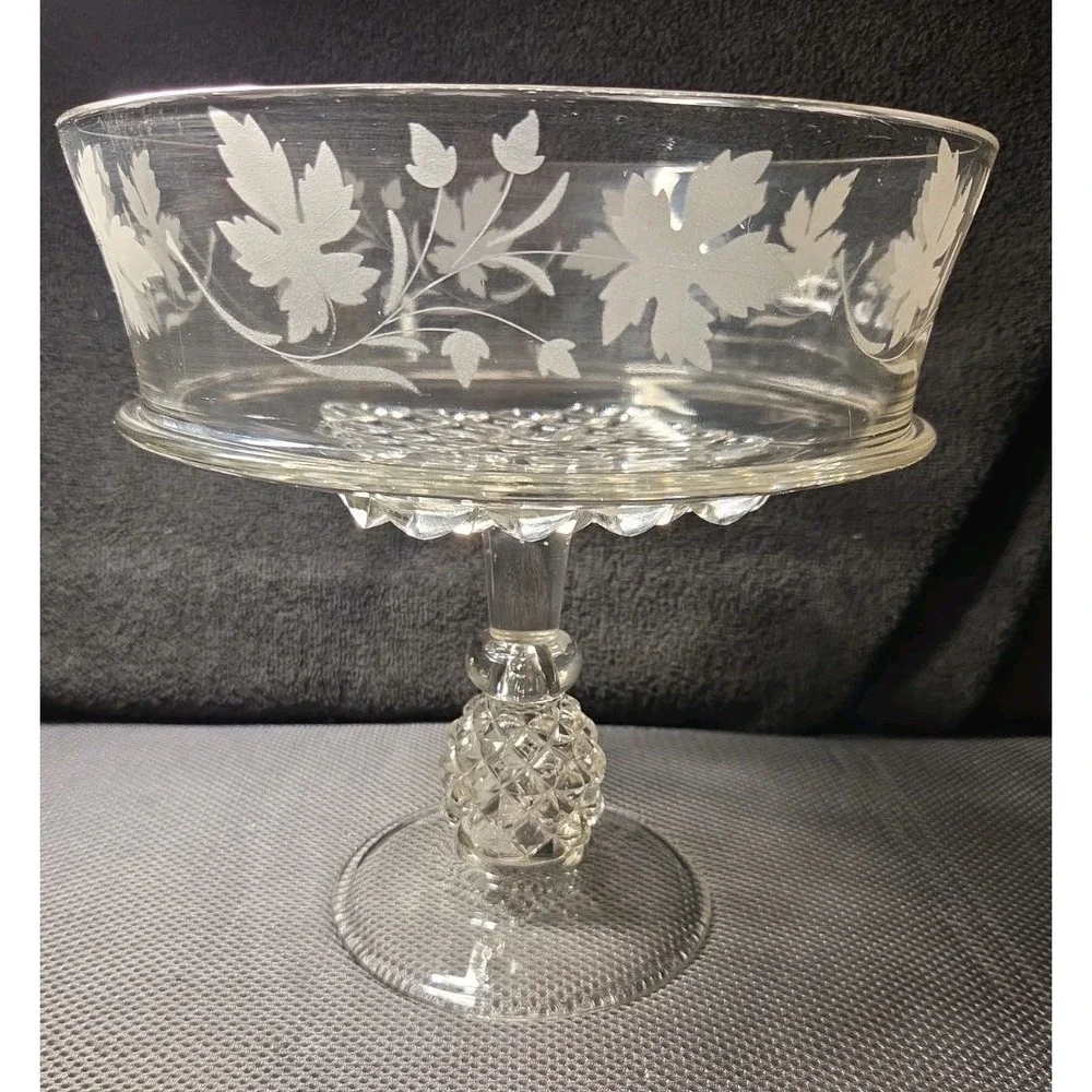 Vntg EAPG Ripley US Glass Pavonia Pineapple Stem Open Compote W/ Leaves 9.5 T
